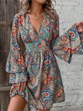 SHEIN Boho Paisley Print V-Neck Mini Dress Tiered Bell Flare Sleeve M 6